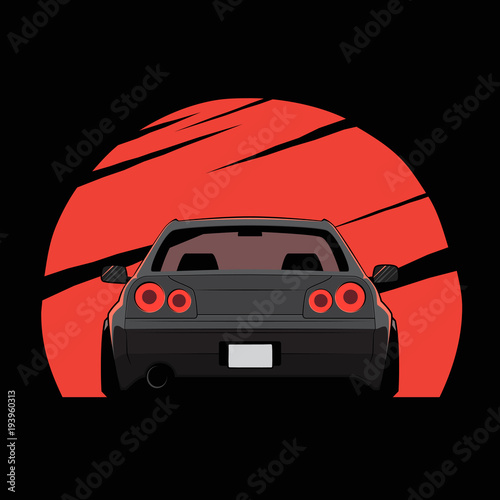 Cartoon japan tuned car on red sun background. Back view. Vector illustration
