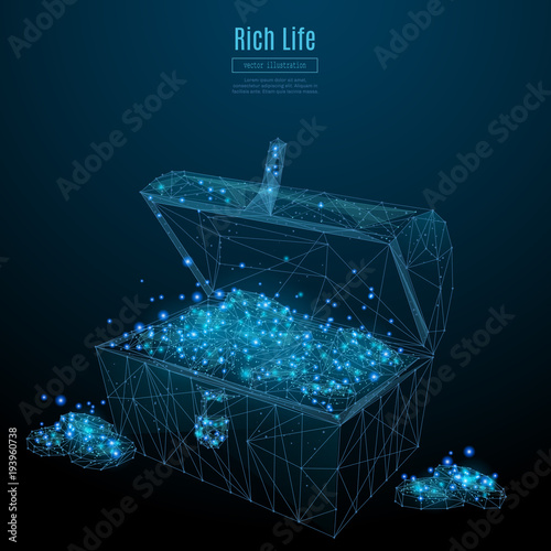 Abstract image of a chest of gold in the form of a starry sky or space, consisting of points, lines, and shapes in the form of planets, stars and the universe. Vector money wireframe concept.