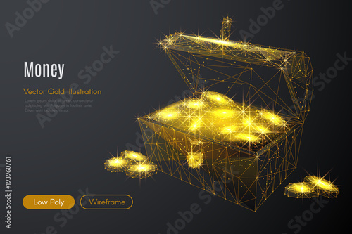 Abstract image of a chest of gold in the form of a starry sky or space, consisting of points, lines, and shapes in the form of planets, stars and the universe. Vector rich life wireframe concept.