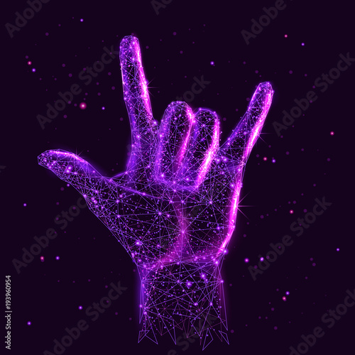 Abstract image of a Rock on hand sign in the form of a starry sky or space, consisting of points, lines, and shapes in the form of planets, stars and the universe. Vector hand gesture wireframe
