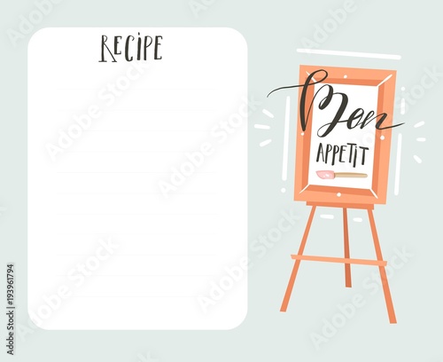 Hand drawn vector abstract modern cartoon cooking studio illustrations card templete with handwritten calligraphy Bon appetit isolated on white background