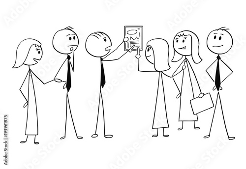 Cartoon stick man drawing conceptual illustration of business team or group of businessmen and businesswomen working together to find problem solution. Concept of teamwork and brainstorming.