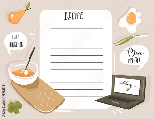 Hand drawn vector abstract modern cartoon cooking studio illustrations recipe card planner templete with food,food blog,vegetables and handwritten calligraphy isolated on white background