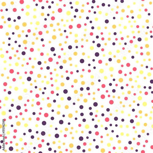 Colorful polka dots seamless pattern on black 25 background. Graceful classic colorful polka dots textile pattern. Seamless scattered confetti fall chaotic decor. Abstract vector illustration.