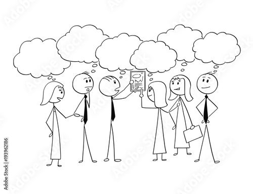 Cartoon stick man drawing conceptual illustration of business team or group of businessmen and businesswomen working together to find problem solution. Concept of teamwork and brainstorming.