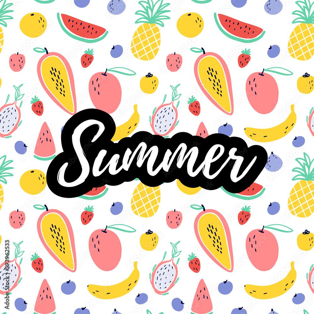 Summer text with tropical fruit elements : pineapple, mango, watermelon, dragon fruit, Pitaya, banana, papaya. Vector exotic food seamless pattern background Summer text with tropical fruit elements : pineapple, mango, watermelon, dragon fruit, Pitaya, banana, papaya. Vector exotic food seamless pattern background
