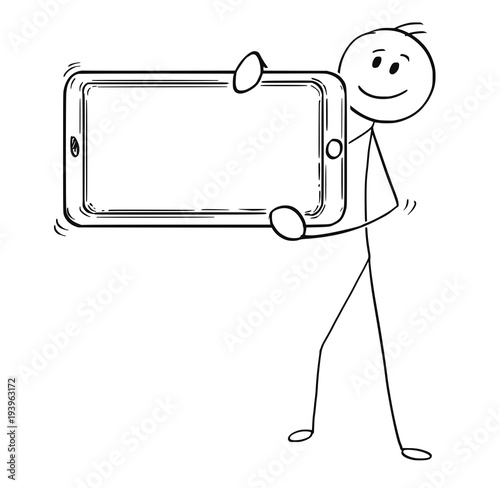 Cartoon stick man drawing conceptual illustration of businessman holding large mobile phone in front of him as empty or blank sign.