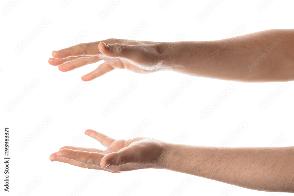 Man hand hold, grab or catch some object, hand gesture. Isolated on white background. Man hand hold, grab or catch some object, hand gesture. Isolated on white background.