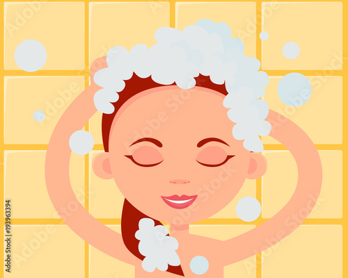 Young woman washing her hair with shampoo. Flat design. Vector illustration