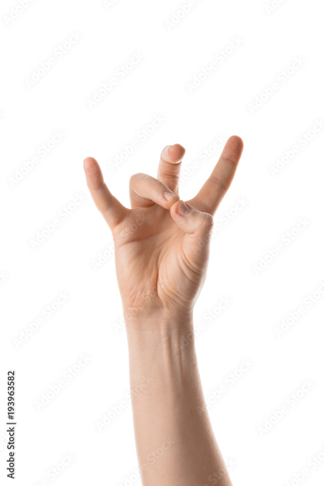 Man keep fingers crossed, hand gesture. Isolated on white background. Man keep fingers crossed, hand gesture. Isolated on white background.