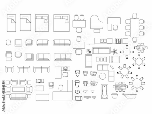 Top view of set furniture elements outline symbol for bedroom, kitchen, bathroom, dining room and living room. Interior icon bed, chair, table and sofa. photo