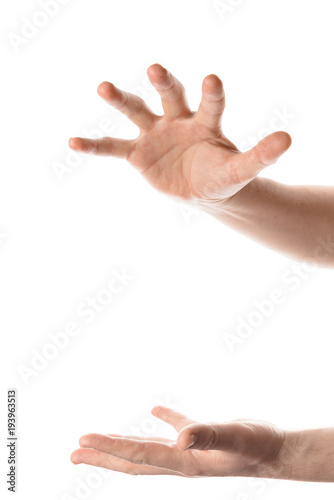 Man hand hold, grab or catch some object, hand gesture. Isolated on white background.