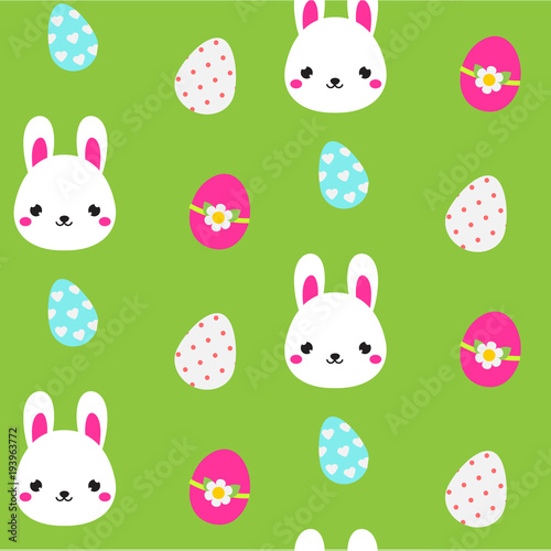 Seamless Easter pattern with eggs and cute rabbit face