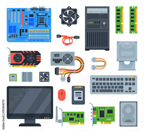 Computer accessories vector pc equipment motherboard memory and keyboard illustration computing set isolated on white background