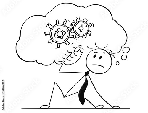 Cartoon stick man drawing conceptual illustration of businessman who is overburdened and buried by large text speech bubble as metaphor for big problem he is thinking about.