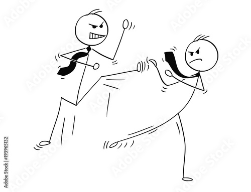 Cartoon stick man drawing conceptual illustration of two businessmen kung fu or karate fighting. Business concept of competition and rivalry.