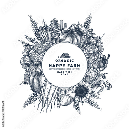 Healthy organic food round design template.  Fresh vegetables engraved illustration. Vector illustration 