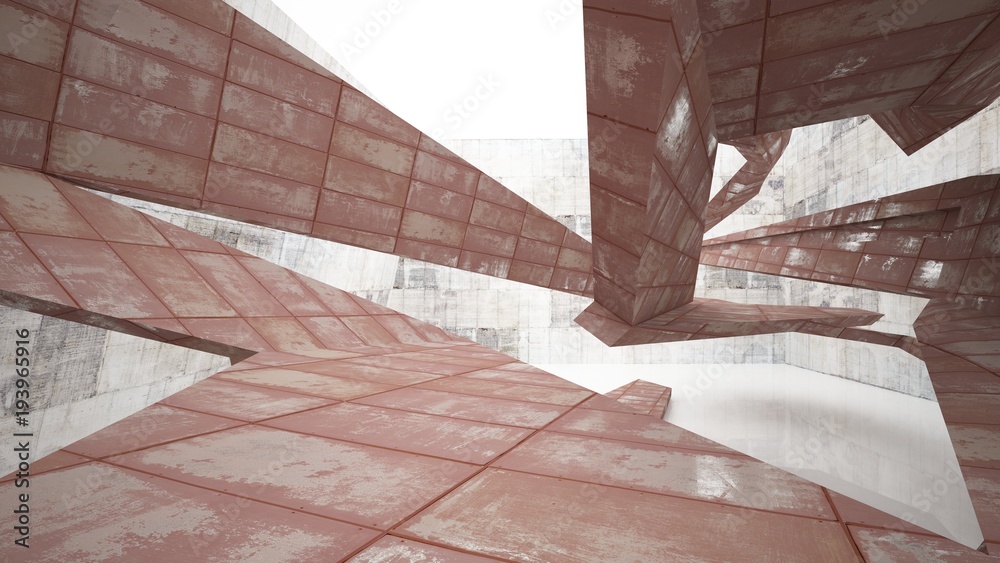Empty smooth abstract room interior of sheets rusted metal with gray concrete. Architectural background. 3D illustration and rendering Empty smooth abstract room interior of sheets rusted metal with gray concrete. Architectural background. 3D illustration and rendering