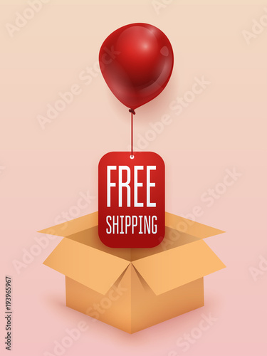 Free shipping business concept. Box with red balloon. Flat design modern vector illustration concept.