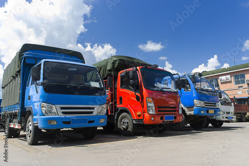 Transport industry, trucks transporting goods parked in the parking lot