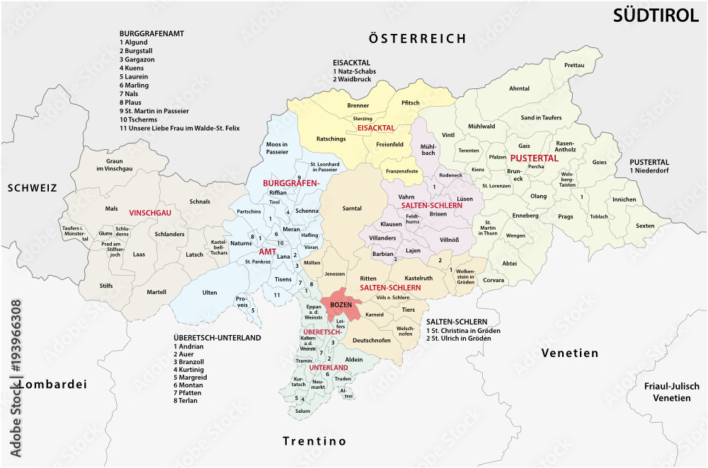 Administrative and political map of the Italian province of South Tyrol in German language
