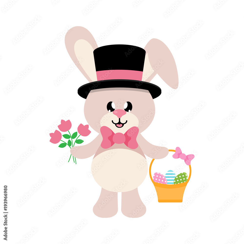 cartoon easter bunny with tie and hat and basket easter egg and flowers cartoon easter bunny with tie and hat and basket easter egg and flowers