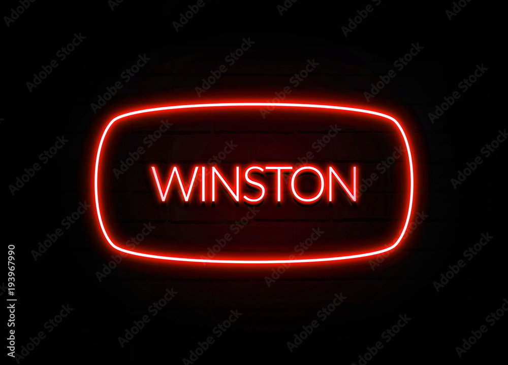 Winston neon sign on brick wall background.