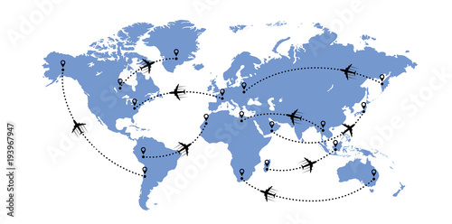 World map and planes