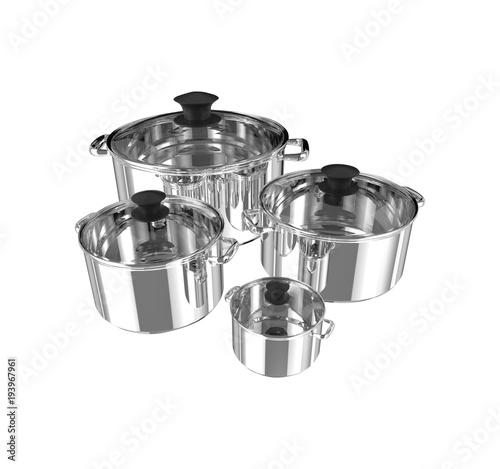 pans set metal chrome sizes different reflections mirror brew stew food white background isolated