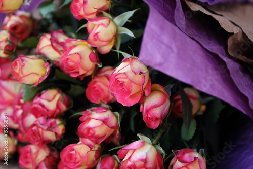 Beautiful bouquet of pink roses on the table 