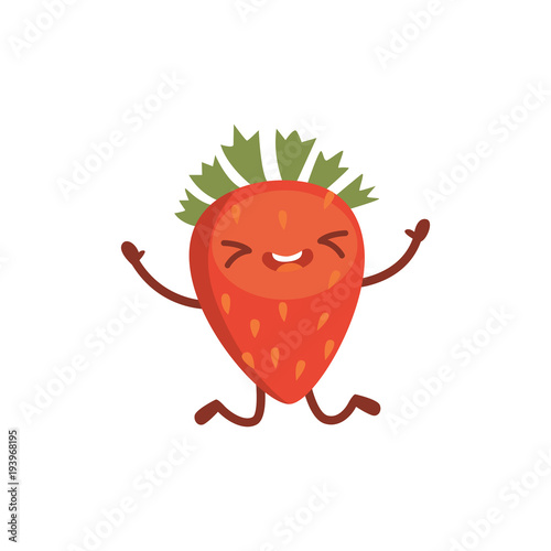 Strawberry cute cartoon fruit. Vector illustration with funny character.