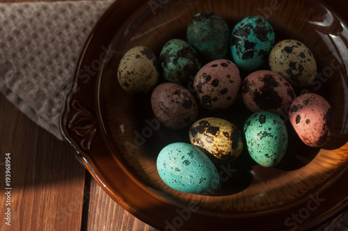 Quail eggs. Painted eggs for Easter. Colorful still lifes. photo