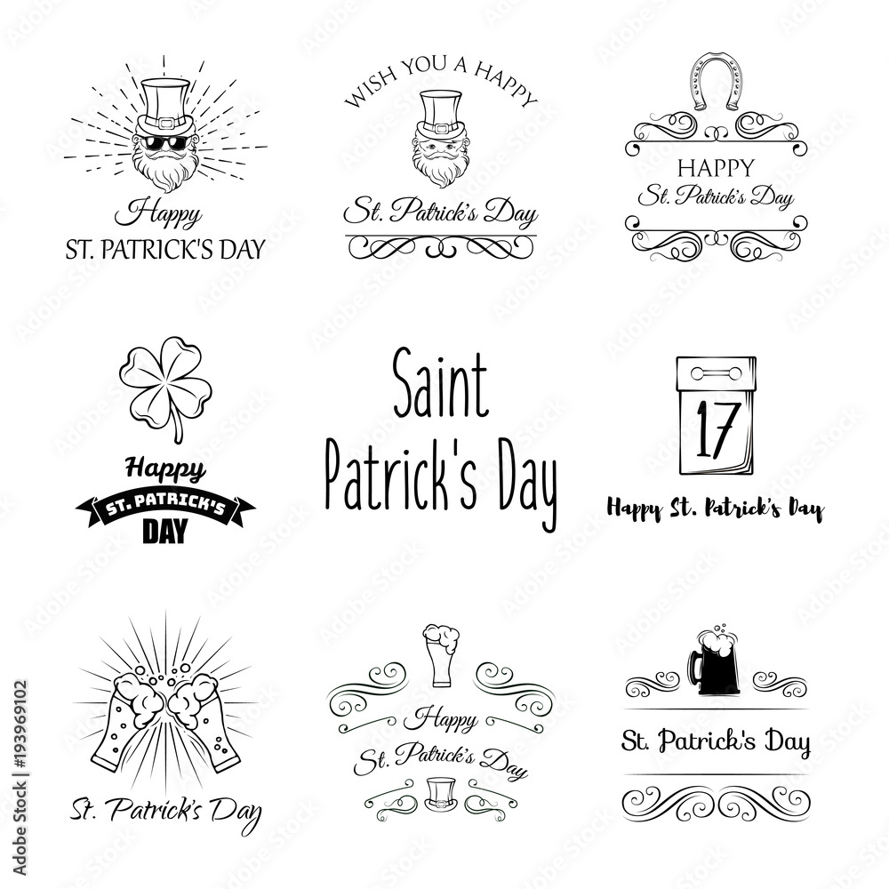 St Patricks day labels set. Calendar, clover, leprechaun, four leafy, Ireland, green, beard, horseshoe, flag, beer, ale, Saint Patrick St Patricks day labels set. Calendar, clover, leprechaun, four leafy, Ireland, green, beard, horseshoe, flag, beer, ale, Saint Patrick