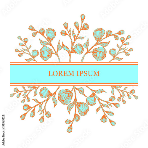 Template with branches of  flowers in blue orange gold on white for package of cosmetic perfume shampoo or tea or for frame  label or for advertising something  