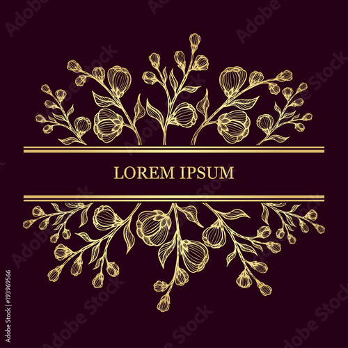 Template with branches of  flowers gold on black for package of cosmetic perfume shampoo or tea or for frame  label or for advertising something  