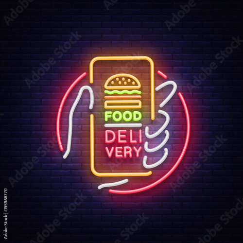 Food Delivery neon sign. Smartphone in hands, ordering food through smartphone, symbol in neon style, light banner, bright night neon advertising food delivery. Design template. Vector illustration