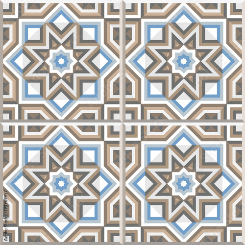 Set of 4 abstract seamless patterns. Abstract geometric backgrounds. Vector illustration. Portuguese floor tiles design. Floor cement tiles collection, golden brown and grey blue colors.