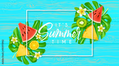 It's summer time web banner. Top view on Summer composition with tropical fruit and plumeria flowers on wooden texture. Vector illustration. Concept of seasonal beach recreation.