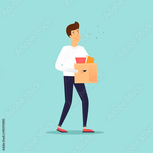 Man carries a box of things. Business characters.  Dismissal. Office life. Flat design vector illustration.