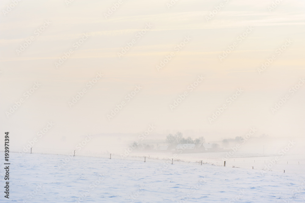 Snow covered farm and meadows in a winter scenery at the Poelberg in Tielt, West-Flanders Snow covered farm and meadows in a winter scenery at the Poelberg in Tielt, West-Flanders