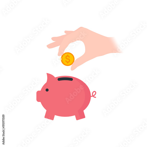 Vector illustration of a hand putting a coin into the piggy box