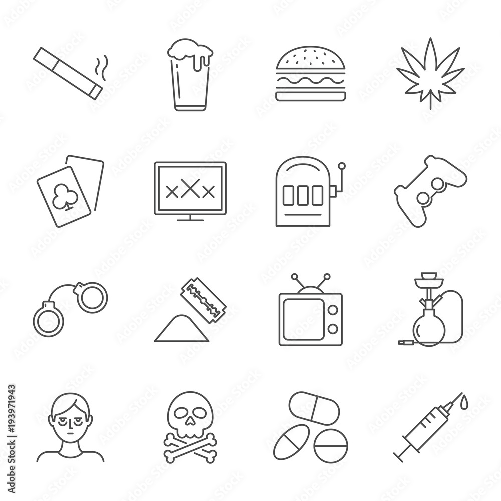 Fototapeta premium Addictions set of vector icons outline style