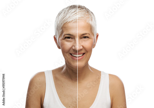 Portrait of a beautiful elderly woman, aging concept, isolated on white background  photo