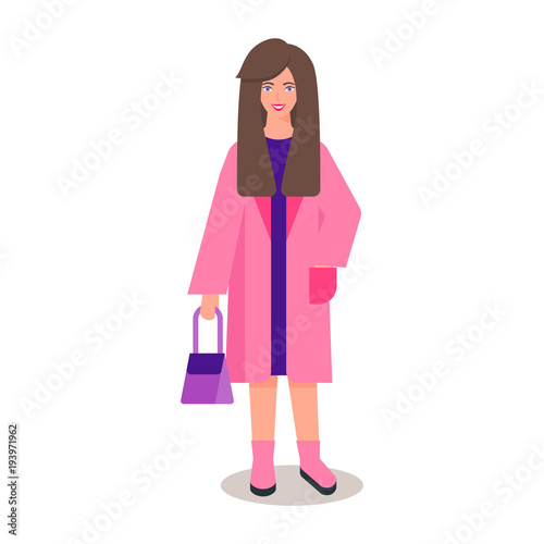 Vector illustration of a woman wearing a pink coat with a handbag © mayrum