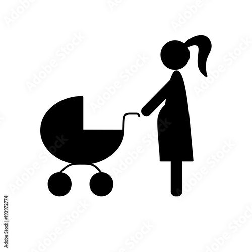 Pregnant mother with pram icon. Pregnant Woman with stroller line icon. Carriage vector icon. Black on white