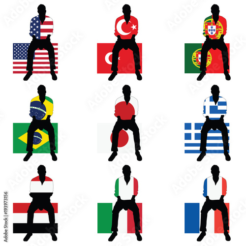 man silhouette sitting on world flag illustration