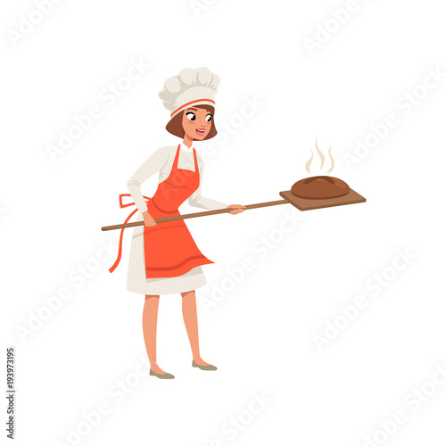 Smiling female baker character in uniform taking out with shovel freshly baked bread vector Illustration on a white background