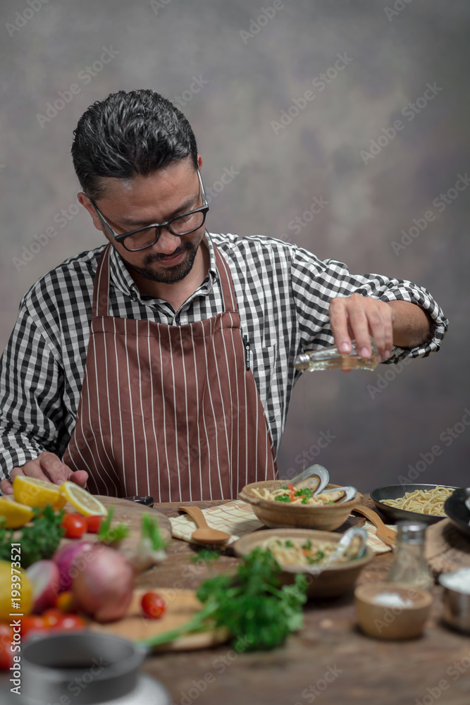 Man cook chef hipster with handsome bearded face Man cook chef hipster with handsome bearded face