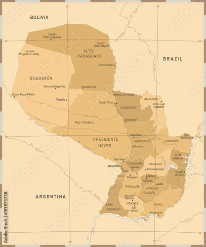 Paraguay Map - Vintage Detailed Vector Illustration