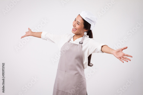happy laughing excited successful professional asian woman domestic worker looking up, woman pro housekeeper success, girl shopkeeper looking, excited housewife, girl cleaner, woman maid looking up